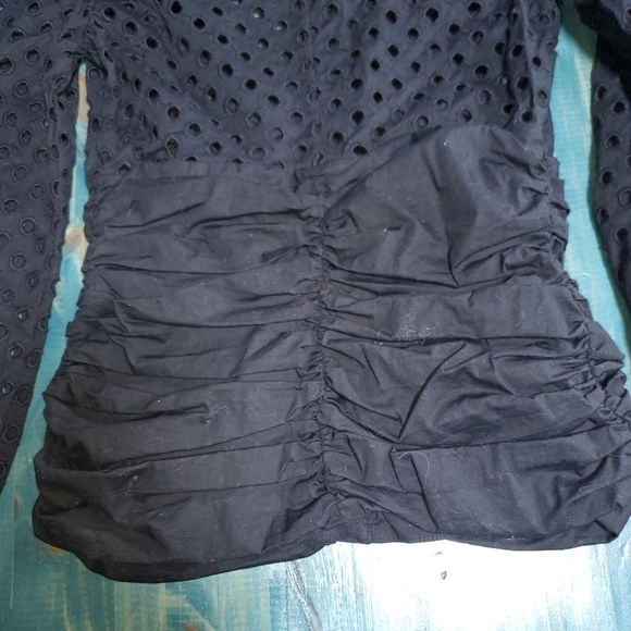 Long Sleeve Black Buttondown with Mesh Eyelet Cut Top 4 Petite - Picture 10 of 12